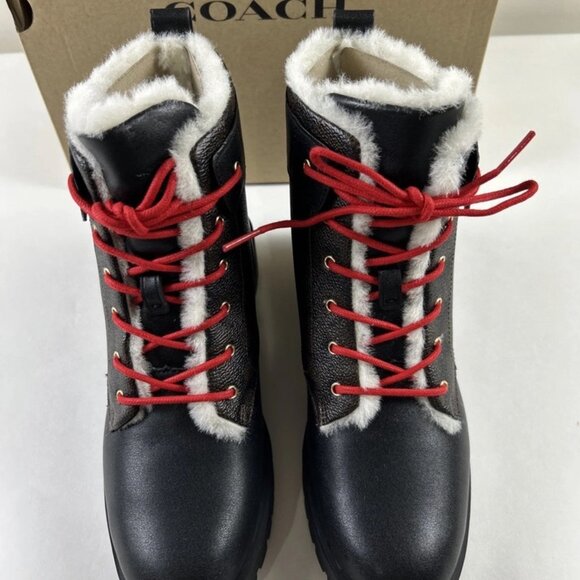 COACH Lorraine Sig Booties Womens 7.5 Black/Mahogany Chunky Heel Red Lace-up NIB - Picture 2 of 8